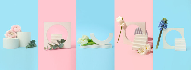 Collage of empty podiums with spring flowers on pink and blue backgrounds