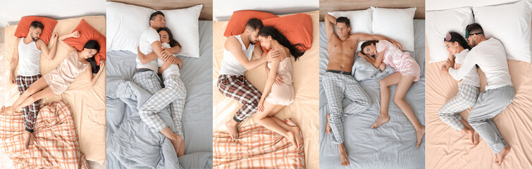 Collage of young couples sleeping in bed, top view