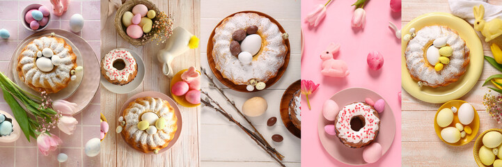 Collection of tasty Easter cakes with painted eggs and bunnies, top view