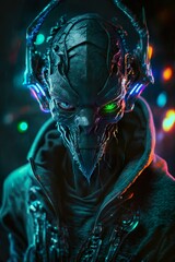 The Grey robotic alien with green neon eyes.