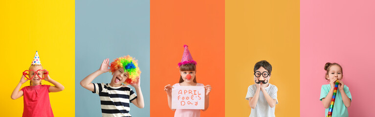 Set of funny children on colorful background. April Fools Day celebration - obrazy, fototapety, plakaty