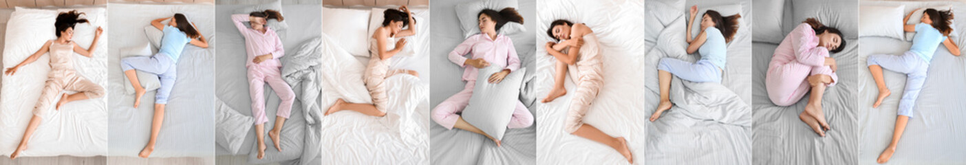 Collage of young woman sleeping in bed, top view