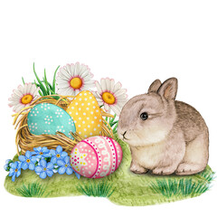 Watercolor cute baby rabbit with nest full of colorful eastereggs