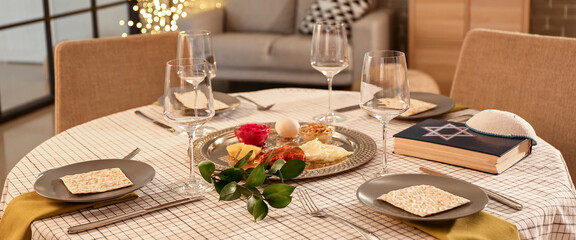 Table served for Passover Seder in dining room