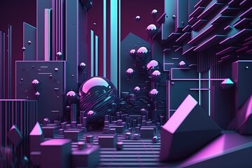abstract geometric backdrop in purple and blue. notion of cyberpunk. Scene for marketing, technology, a storefront, a banner, and the metaverse. Science fiction illustration. Generative AI