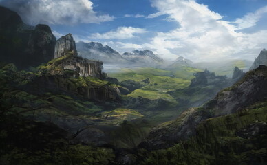 Fototapeta na wymiar Fantastic Epic Magical Landscape of Mountains. Summer nature. Mystic Valley, tundra, forest, hills. Game assets. Celtic Medieval RPG gaming background. Rocks and grass. Generative AI
