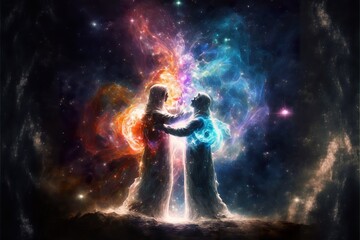 Two soulmates meet each other in space created with Generative AI 
