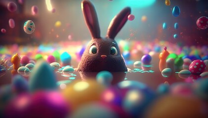 Ultra-detailed 3D chocolate Easter bunny swimming in a pool of chocolate and candies