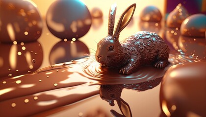 Ultra-realistic 3D chocolate Easter bunny swimming in a pool of chocolate
