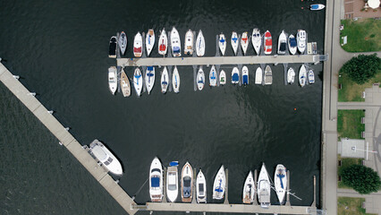 Yachts at the pier from above, Kamien Pomorski, Poland