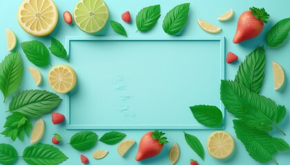 Frame from lemon slices, strawberry and mint leaves on blue pastel table top view. Ingredients for summer drink and lemonade. free text copy space  by ai generative 