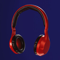 A pair of wireless red over ear headphones isolated on a blue background - 571385365