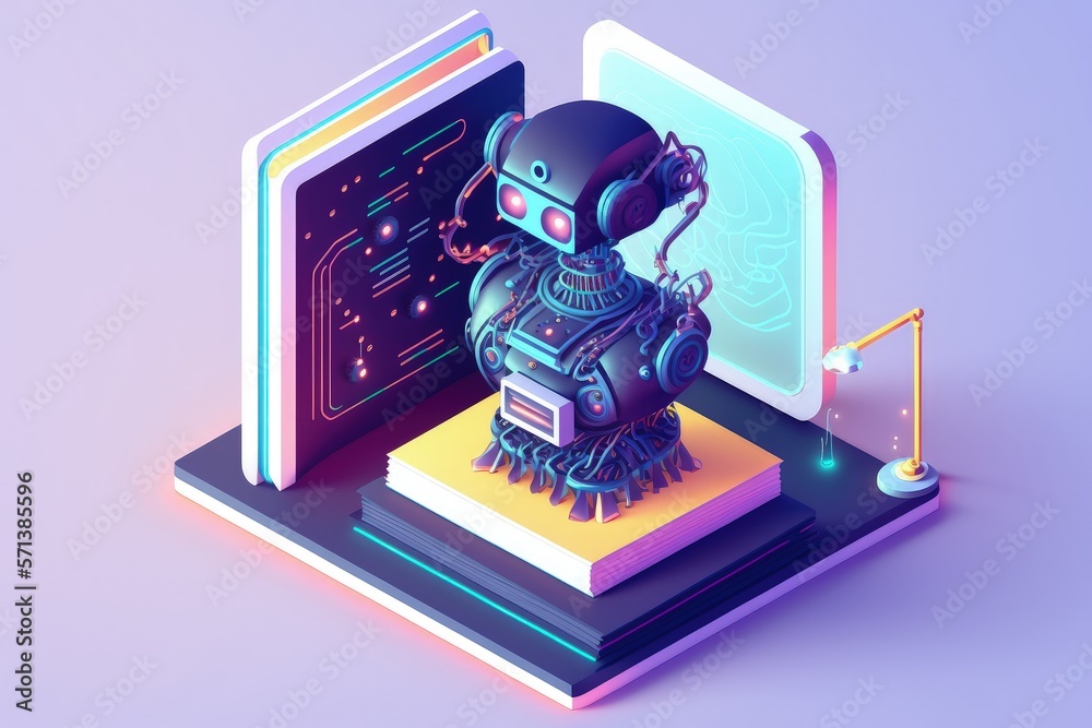 Poster conceptual illustration of ai learning and artificial intelligence that depicts a computer, a machin