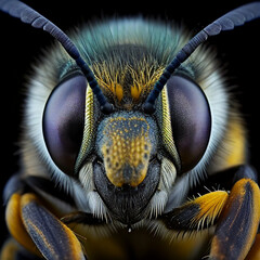 A stunning macro shot of a bee, showing intricate details of its body and face in extreme close-up. Perfect for illustrating topics related to pollination, nature, and the beauty of insects