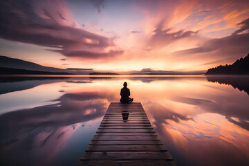 Obraz na płótnie Canvas A person sits in meditation on a wooden pier, surrounded by the serene waters and a sun setting sky. Let the gentle waves, chirping birds, and rustling leaves calm your mind. generative AI