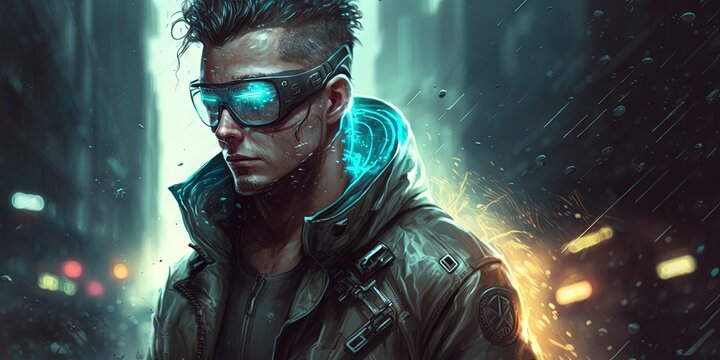 Realistic illustration of a cyberpunk science fiction man. futuristic, high tech man from the future. cyberpunk and the idea of virtual reality. Illustration. Generative AI