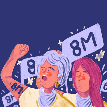 Ilustración de mujeres para el 8M con banderas lilas y moradas, empoderamiento de la mujer. Día internacional de la mujer