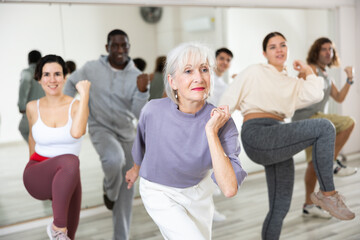 Active people of different nationalities learn sports dancing at a group class in a dance studio