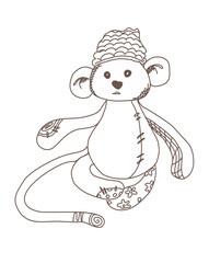 Sketch of  plush toy Monkey with patches . Monkey for clothing or other uses, in vector. sketch engraving vector illustration. Children's book illustration. Imitation of scratchboard style.
