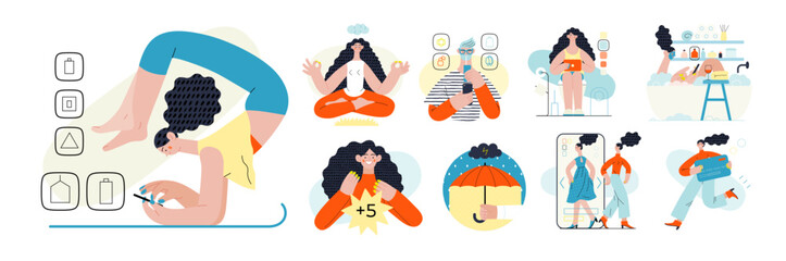 Online shopping and electronic commerce illustrations set - modern flat vector concept illustration of people and objects on online shopping. Promotion, discounts, sale and online orders concept