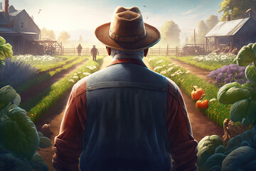 Old farmer in his vegetable garden, illustration AI
