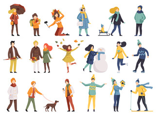 Naklejka premium People outdoor activities in winter and autumn seasons set. People wearing warm clothes walking, skiing, skating and making snowman vector illustration
