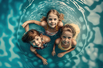 Happy children in a swimming pool, view from above. Cooling off in summer. Summer heat. ia generate