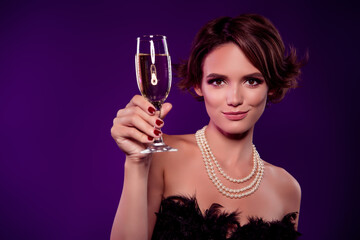 Portrait of rich lady celebrity raise glass celebrate christmas eve vogue night party isolated...