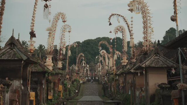 Bali, Indonesia - Penglipuran Traditional Balinese Village Temple Decorated with Penjor for Galungan Kuningan