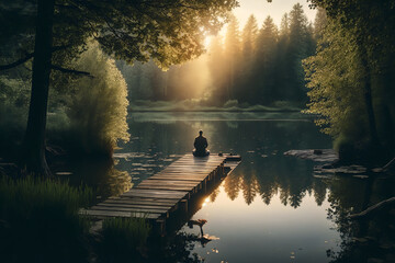 Fototapeta Experience a serene sunrise on a peaceful lake surrounded by lush green forests. Find inner peace while sitting on a wooden dock, feeling the gentle breeze and the sounds of nature. Generative AI obraz