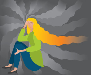 Woman sitting with thoughts in vortex around her. Depression, problems, anxious, Vector illustration.