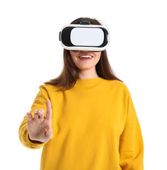 Pretty young woman in VR glasses isolated on white background