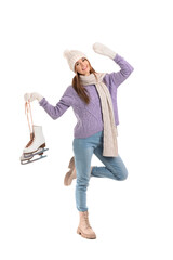 Pretty young woman with ice skates isolated on white background