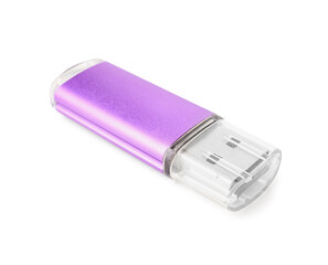 Violet USB flash drive on white background