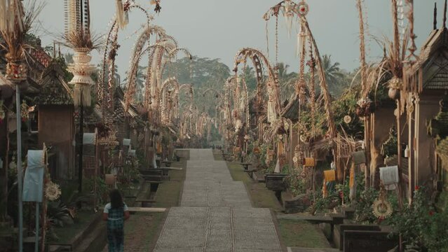 Bali, Indonesia - Penglipuran Traditional Balinese Village Temple Decorated with Penjor for Galungan Kuningan