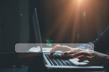 Search Engine Optimization SEO, data searching technology. business hands typing on laptop computer...