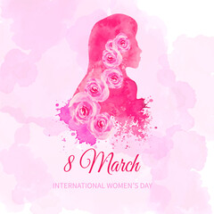 Watercolor  International Women's Day concept, greeting card. Composition with female silhouette, rose flowers. Pink stains and splash background. Vector EPS.