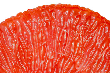 Grapefruit slice peeled segmented, close-up, red citrus fruit isolated on white background with clipping path