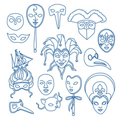 Venice carnival traditional masks. Hand drawn vector illustration. Outline stroke is not expanded, stroke weight is editable
