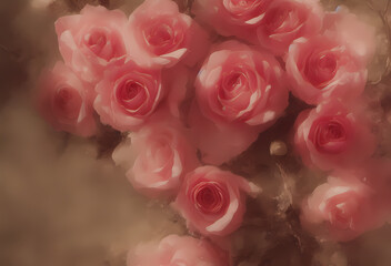  old parchment paper - background with transparent pink roses - concept art - love - paint strokes - generative ai - valentines day background - oil painting