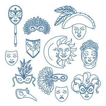 Venice carnival traditional masks. Hand drawn vector illustration. Outline stroke is not expanded, stroke weight is editable