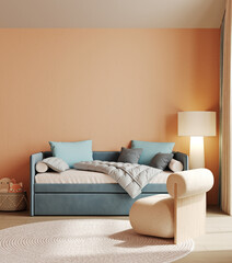 Modern kids bedroom with cozy bed and soft armchair, peach wall mock up, orange children room with blue sofa, 3d rendering