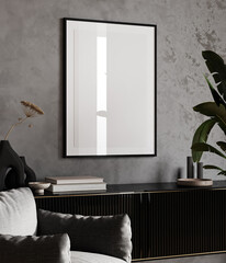 Frame mockup in luxury interior with decoration, living room in gray color with black console, 3d render