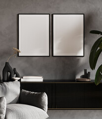Two frame mockup in stylish interior with decoration, living room in gray color with black console, 3d render