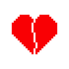 Red pixel heart broken on white background. Vector 8-bit style illustration.