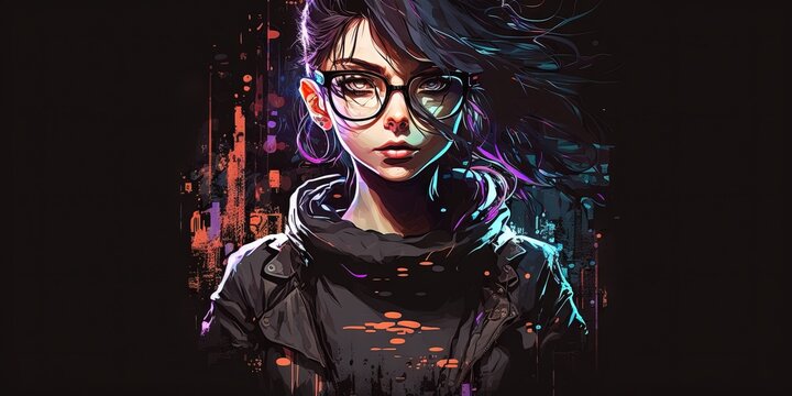 Stylish modern anime female wearing glasses in a cyberpunk style illustration on a dark background. Generative AI