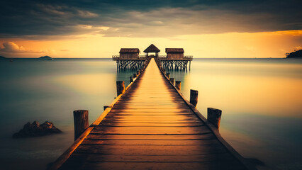 Obraz premium A wooden pier or jetty heading toward the horizon
