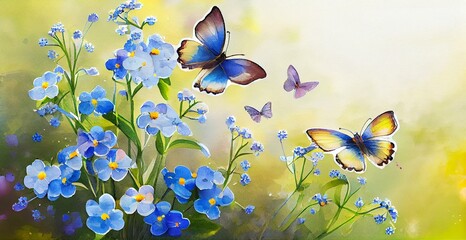  Beautiful summer or spring meadow with blue forget-me-nots flowers and two flying butterflies. Wild nature landscape banner, watercolor style AI Generated - obrazy, fototapety, plakaty