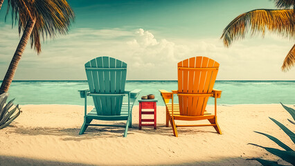 Beautiful beach. Chairs on the sandy beach. Nature shot