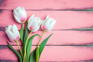  white tulips flowers on pink wooden background, watercolor style AI Generated